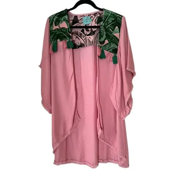 Judith March Tropical Pink & Green Tassel Palm Leaf  Fringe Hem Kimono Size L - Picture 2 of 10